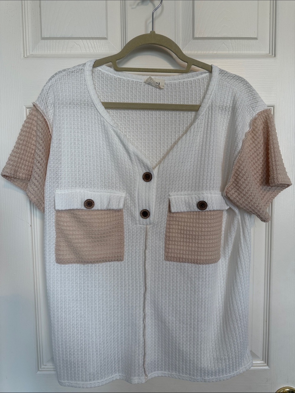 BiBi White Short Sleeve Waffle Knit Top with tan Patch Pockets